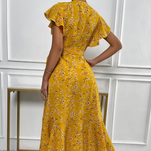 Yellow Plaid Cotton Dresses Oversized Butterfly Sleeve